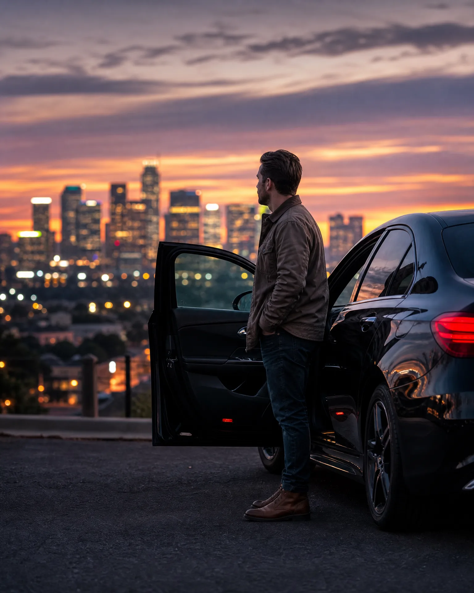 A man in a tan jacket and jeans stands beside a dark sedan with its rear door open, looking toward a city skyline at sunset.