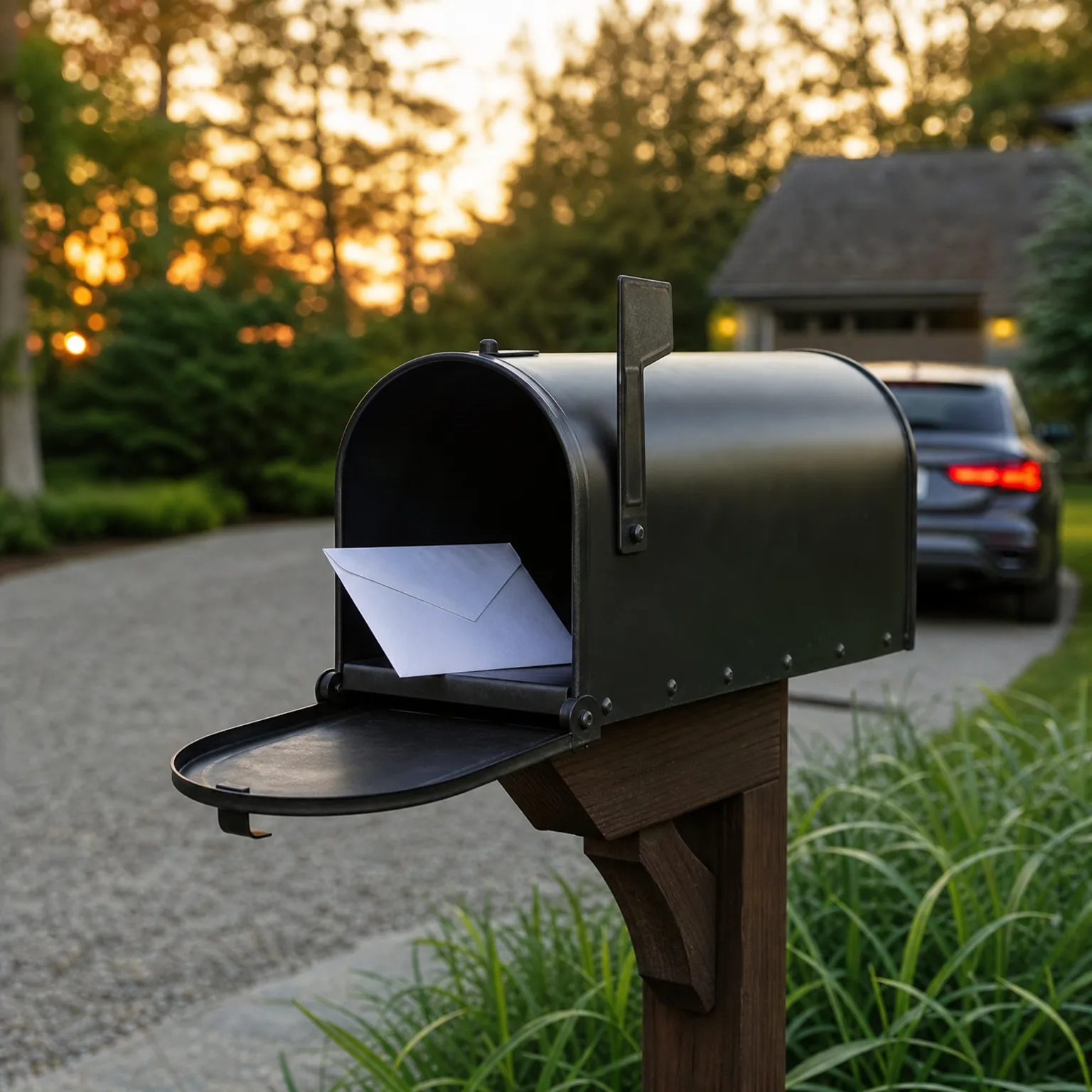 An open black mailbox on a wooden post holds a white envelope, with a gravel driveway, grass, a parked car and a garage blurred behind at sunset.