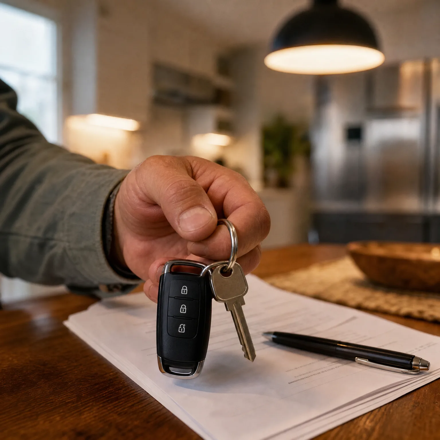 A hand holds a black remote car key and a metal key on a ring above a wooden table with printed documents and a pen, in a dimly lit kitchen interior.
