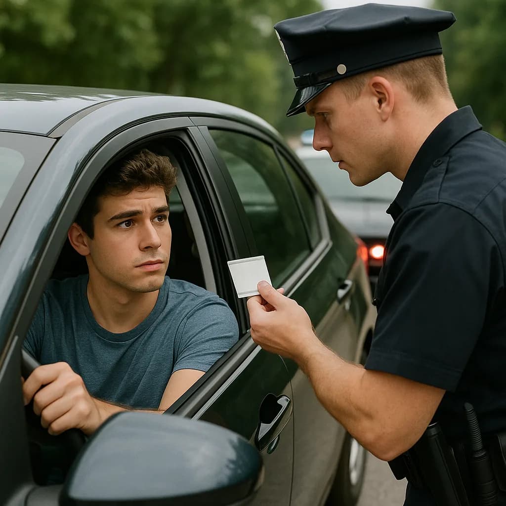 Police officer conducting traffic stop, speaking to young male driver through car window while holding document