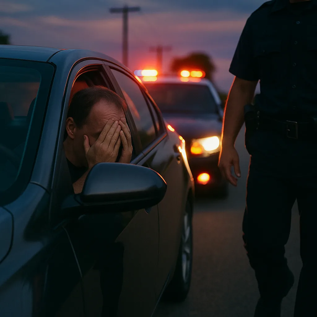 Distressed driver covering face during police traffic stop at dusk with emergency lights flashing