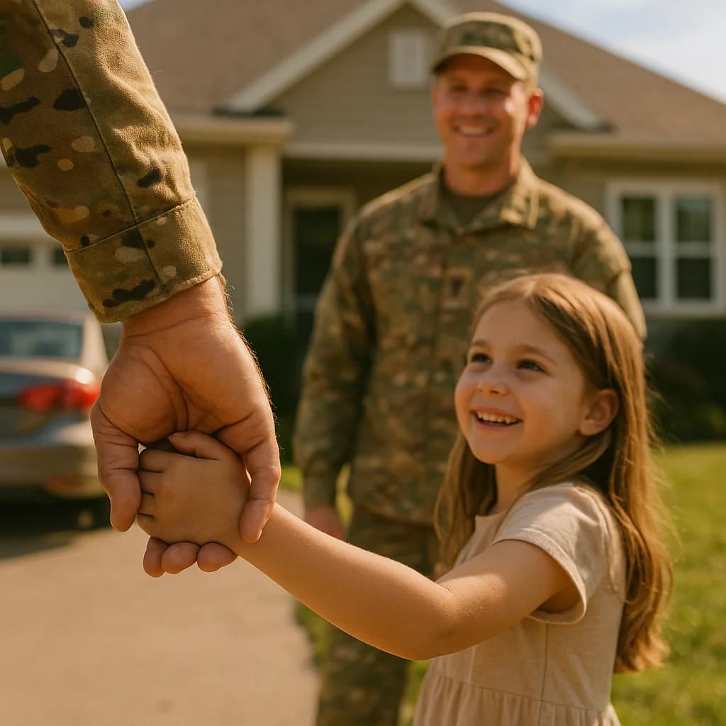 Military service member reuniting with young daughter holding hands in front of suburban home