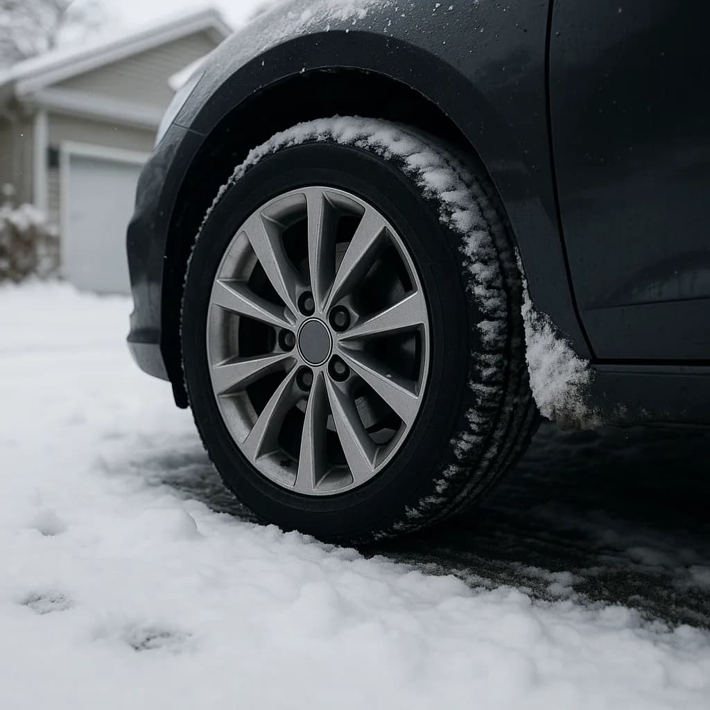 Car wheel with snow on tire parked in snowy driveway in front of garage