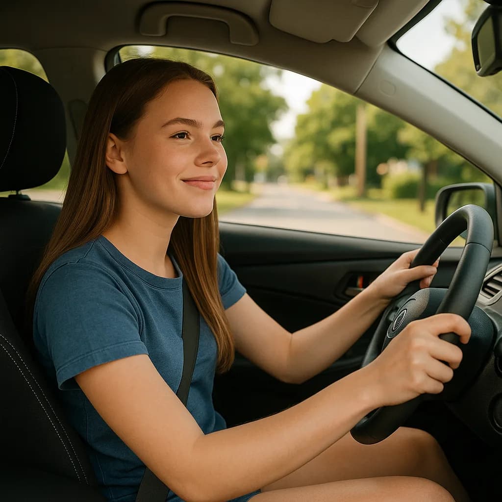 Young teenage girl smiling while sitting in driver's seat holding steering wheel during driving lesson