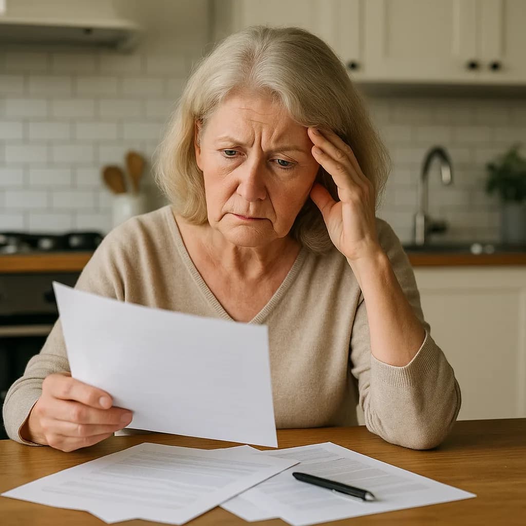 Worried senior woman reviewing bills and documents at kitchen table with stressed expression