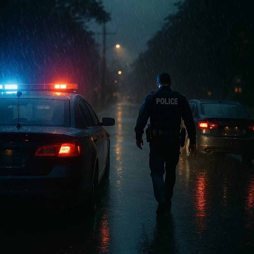 Police officer walking on rainy street at night between police car with flashing lights and civilian vehicle