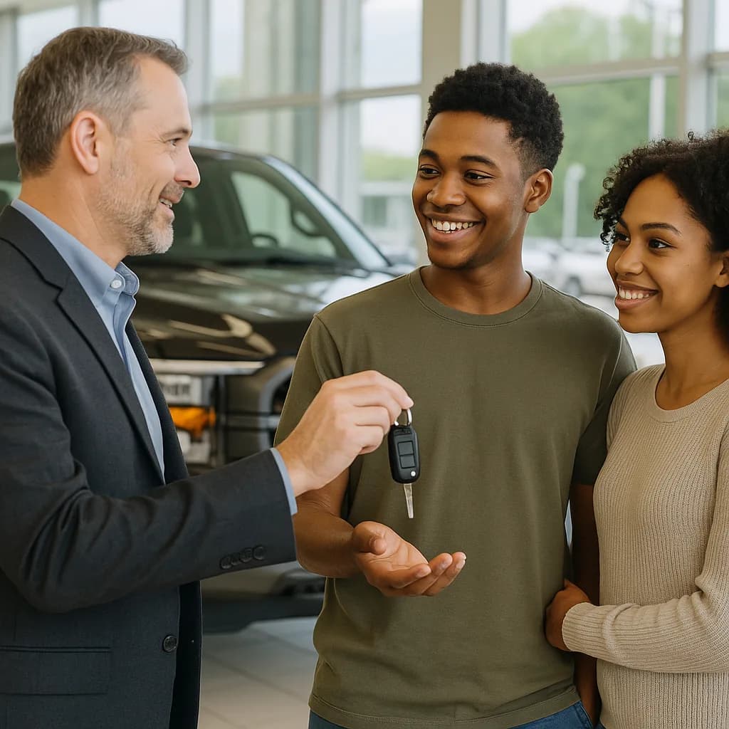 Car salesman handing keys to happy young couple in modern auto dealership showroom