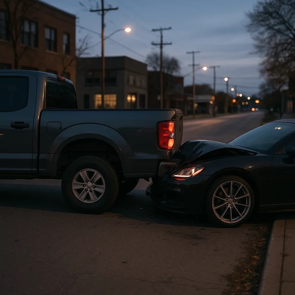 White pickup truck and dark sports car parked on small town street at dusk with street lights