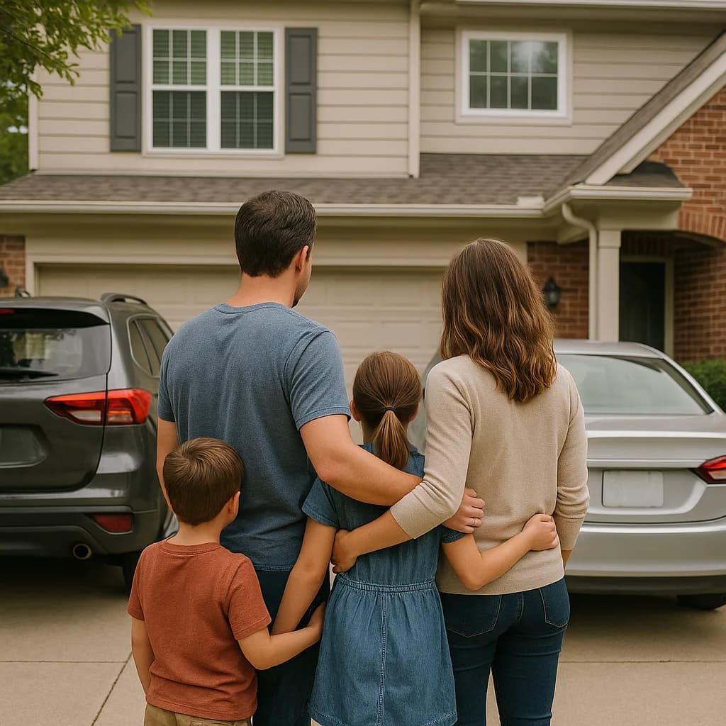 Family of four viewing their suburban home from driveway with two cars parked outside