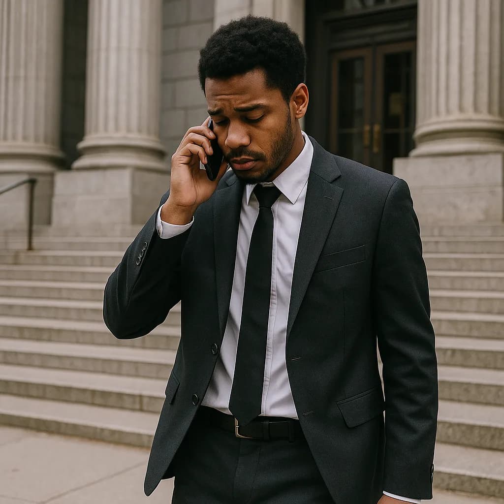 Professional businessman in suit talking on phone outside courthouse with classical columns