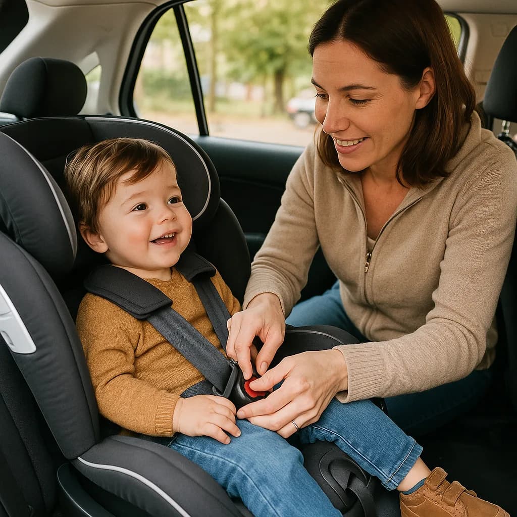 Mother buckling happy toddler into car seat during daytime
