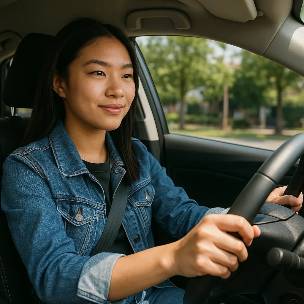 Young Asian woman in denim jacket sitting in driver's seat holding steering wheel with trees visible through window