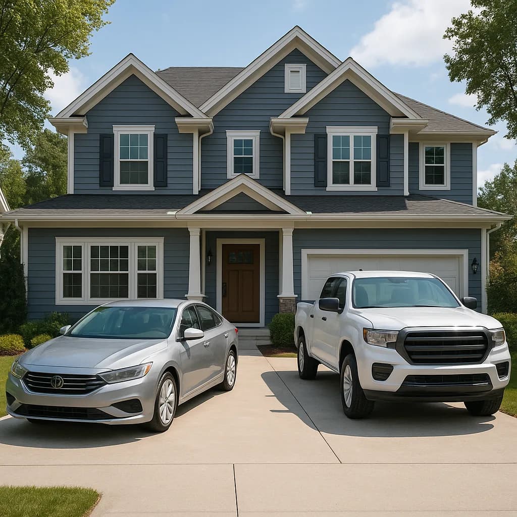 Two-story gray house with white pickup truck and silver sedan parked in driveway