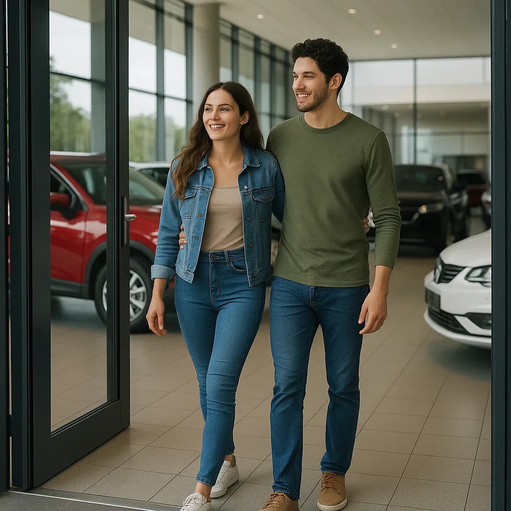Young couple walking together in car dealership showroom looking at vehicles