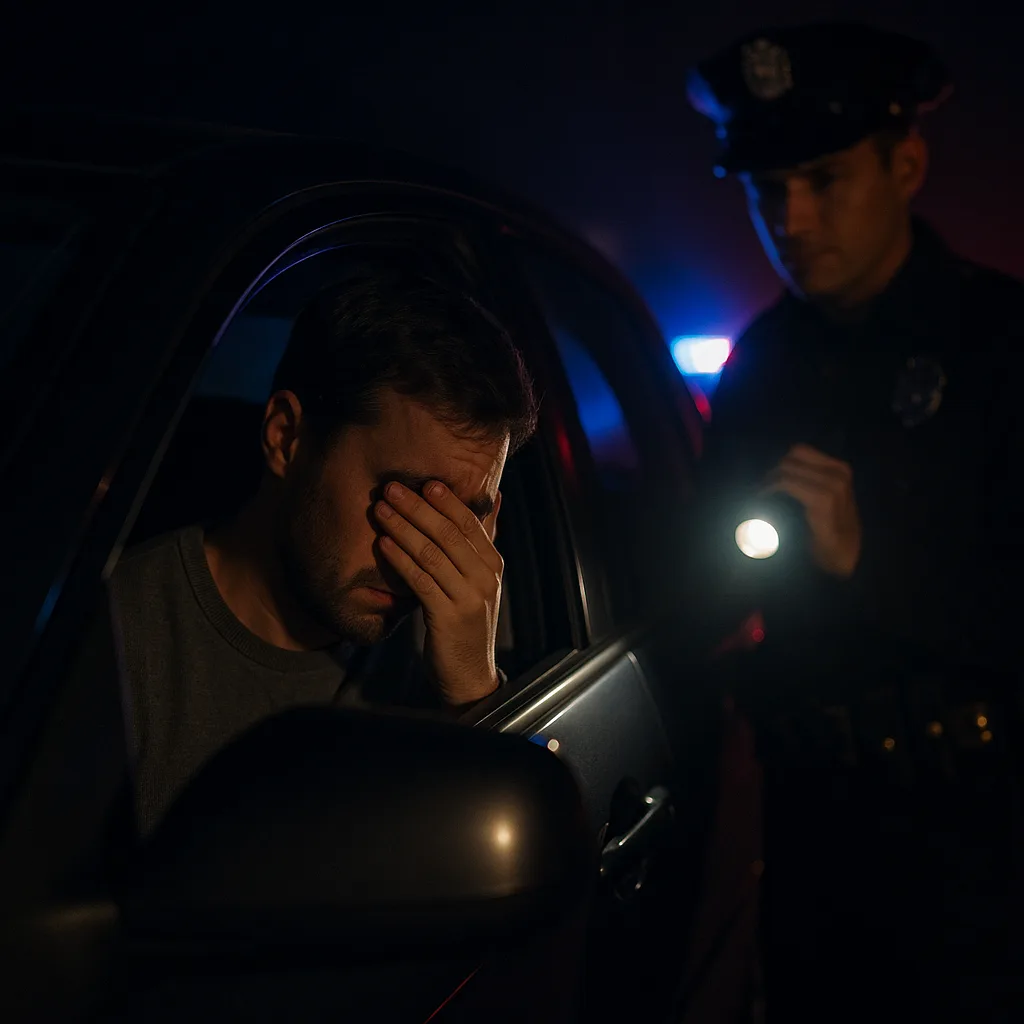 Man covering face in distress inside vehicle with police officer holding flashlight in dark scene