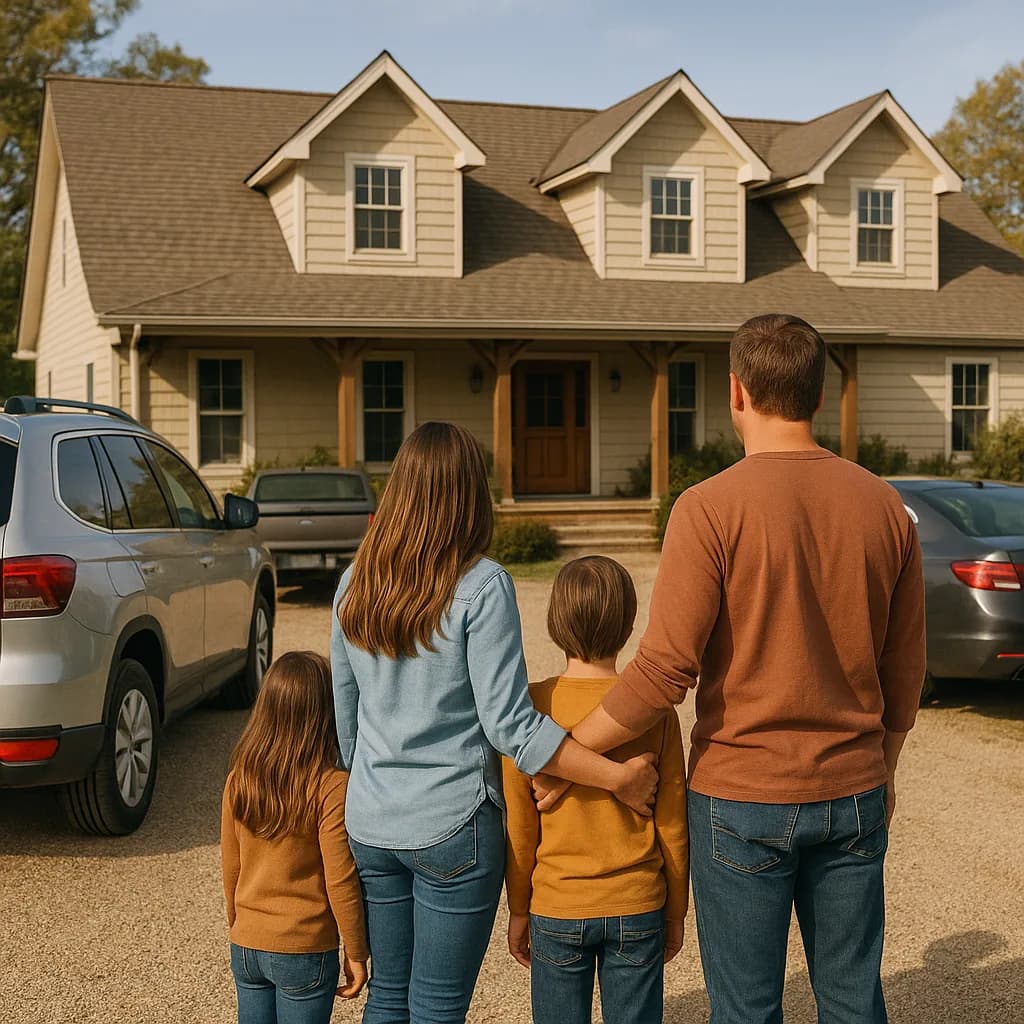 Family of four viewing their new two-story home with dormer windows from the driveway