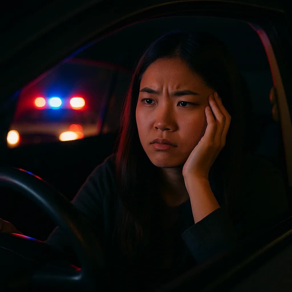 Woman looking worried in car at night with police lights visible in background