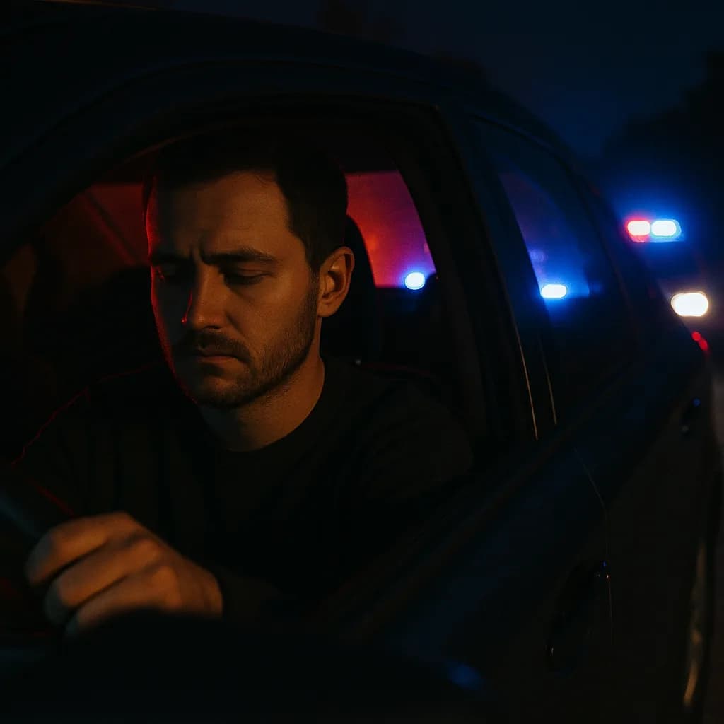Man in car at night with police lights behind him creating dramatic red and blue lighting