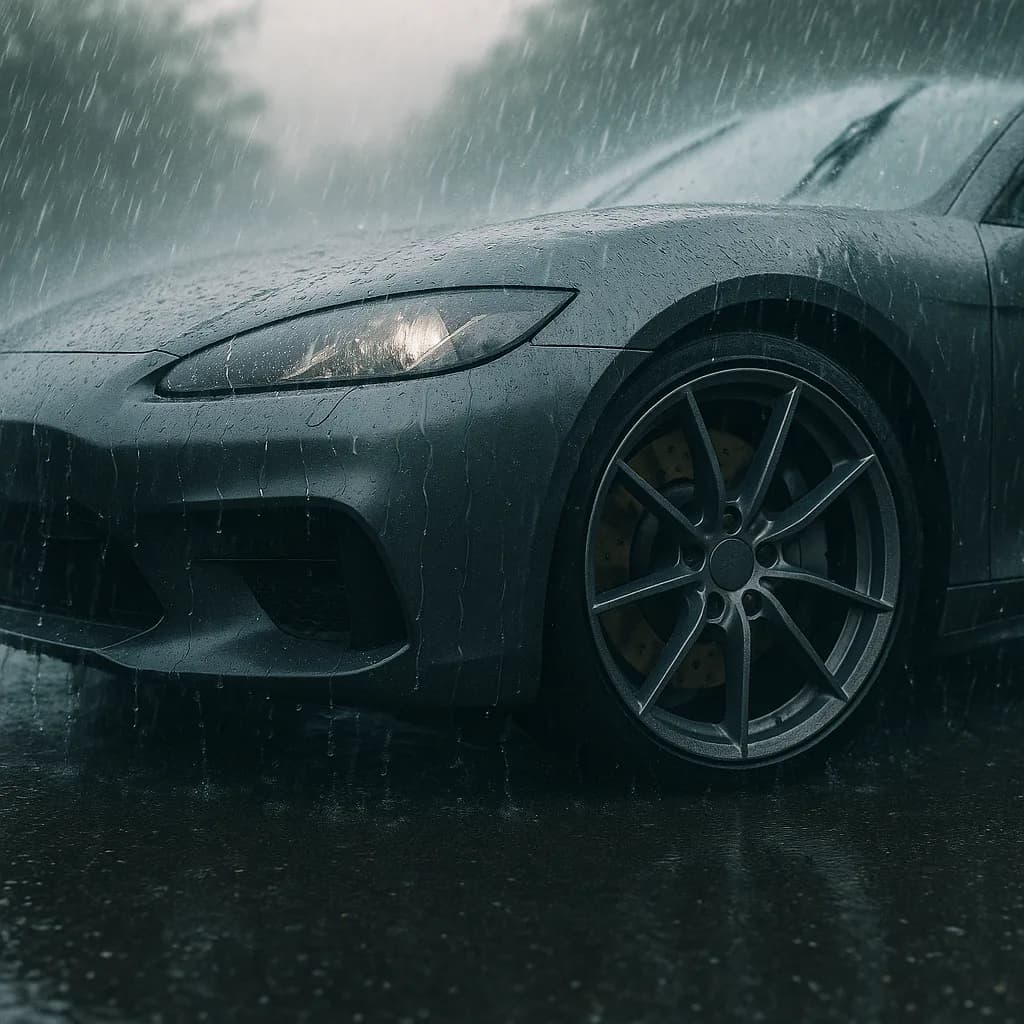 Dark sports car with sleek headlight and multi-spoke wheel in heavy rain