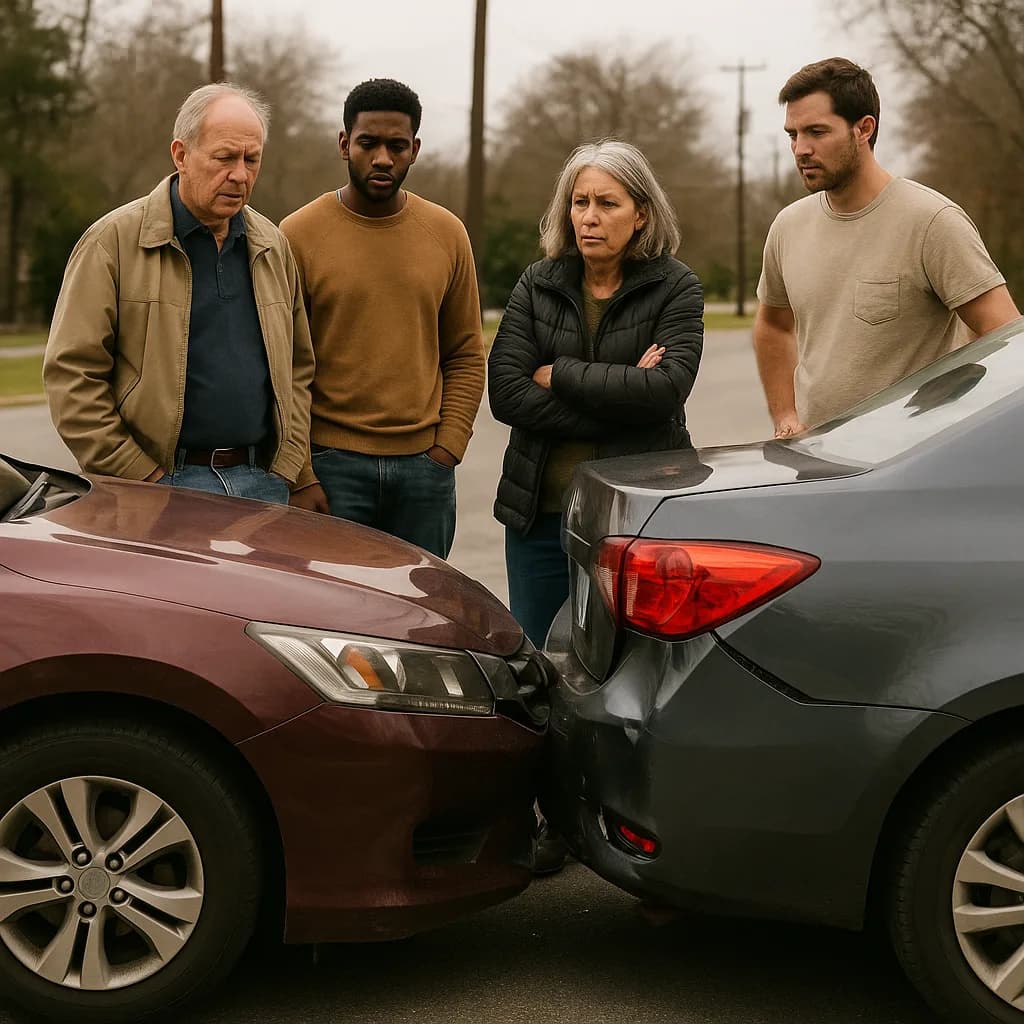 Four people examining damage from a car accident between a burgundy and silver vehicle on a residential street