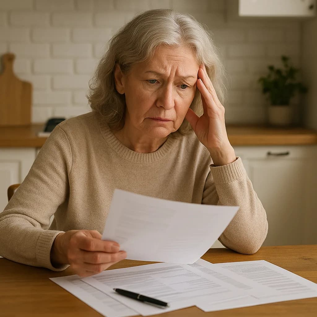 Worried senior woman reviewing bills or financial documents at kitchen table with stressed expression