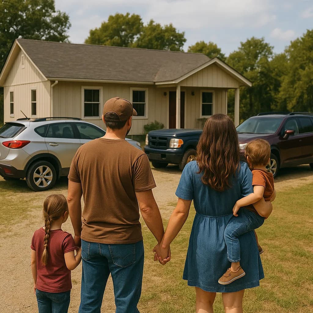 Family of four holding hands while looking at their new single-story home from the driveway