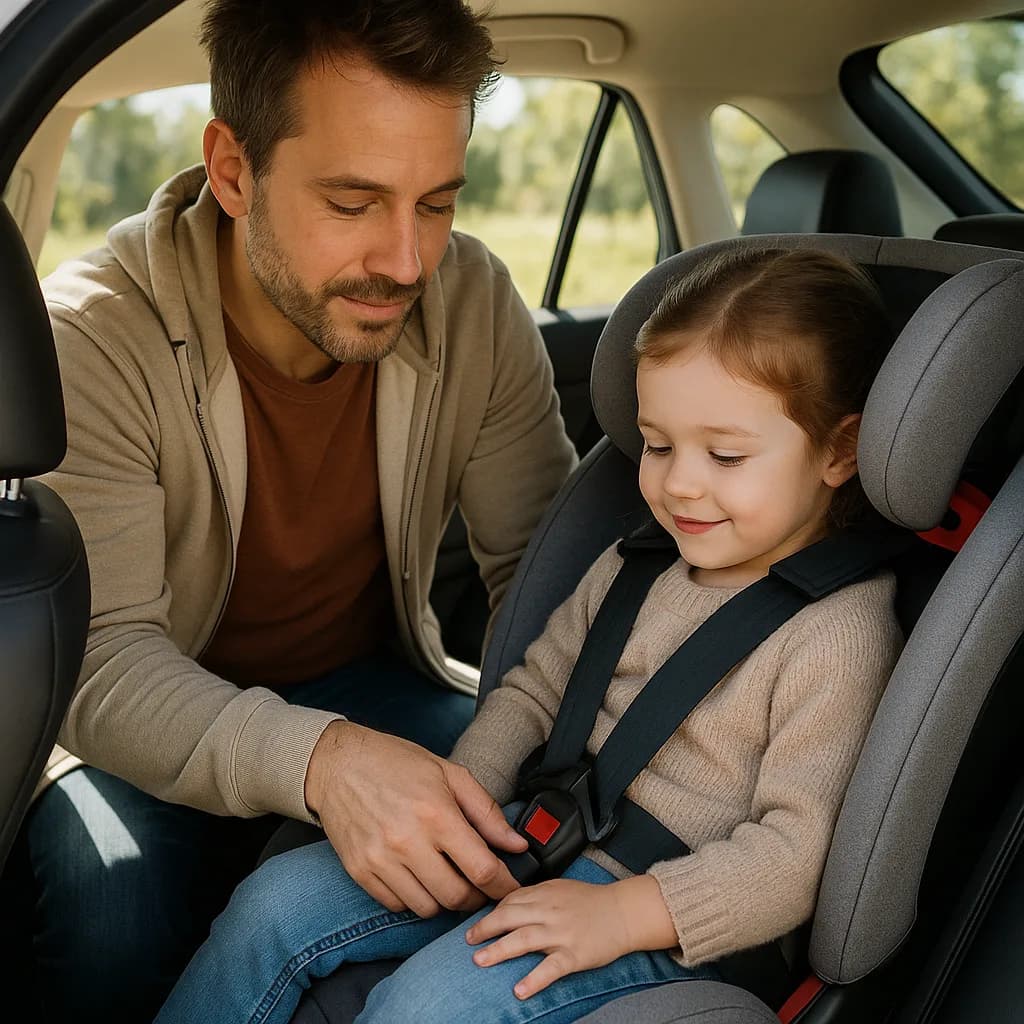 Father fastening young daughter's car seat safety belt in vehicle