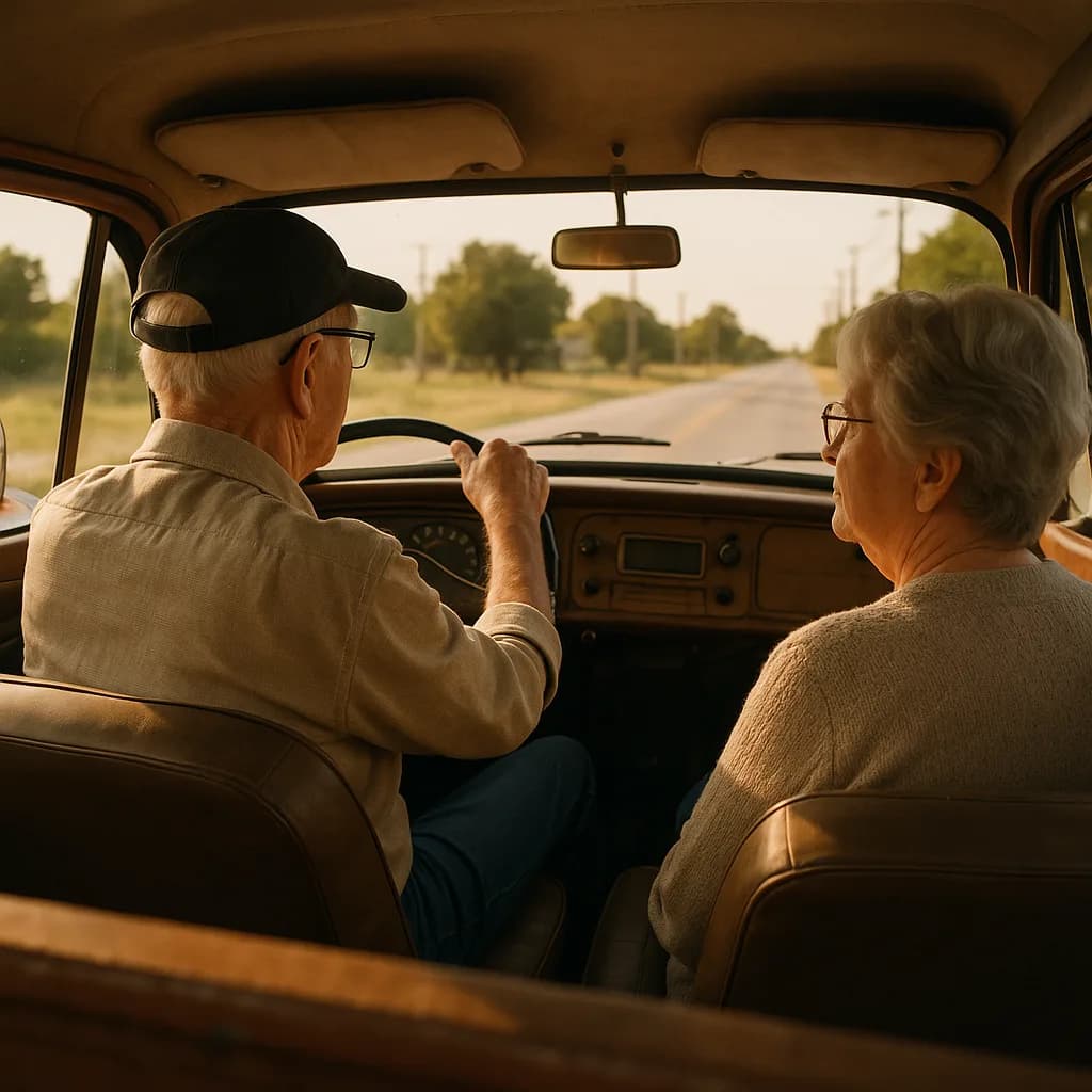 Elderly couple driving vintage car on rural road, view from back seat, warm golden light