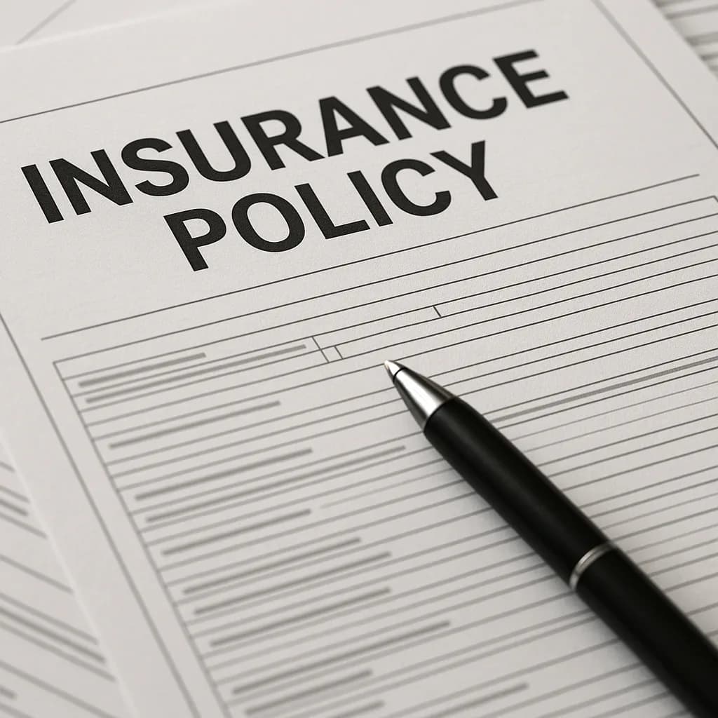 Insurance policy document with blank form fields and a black pen resting on top
