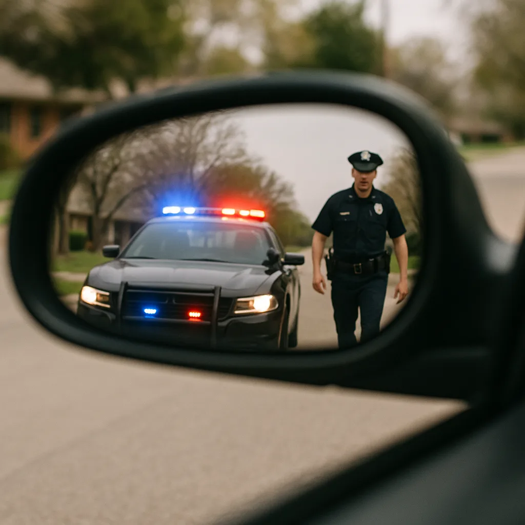 Police officer approaching vehicle during traffic stop reflected in car side mirror with patrol car lights flashing