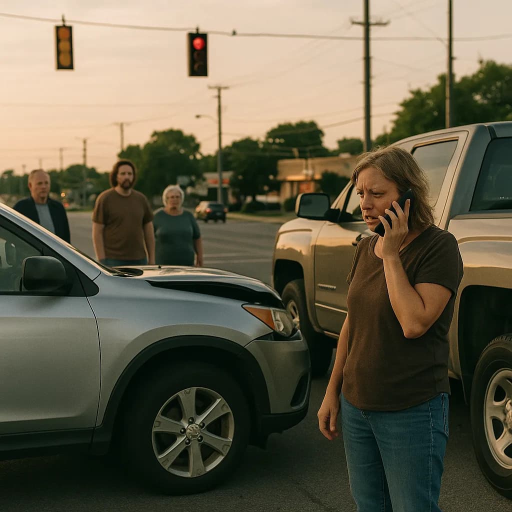 Woman on phone at car accident scene with damaged vehicles and bystanders at intersection during sunset