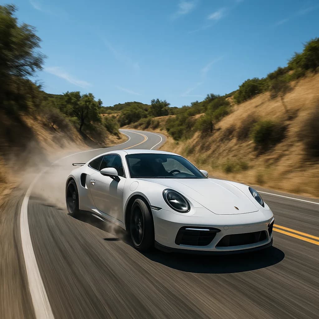 White Porsche 911 sports car driving fast on winding mountain road with dust trail