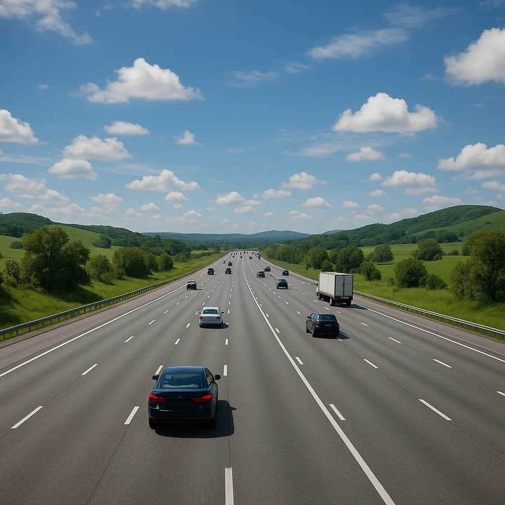 Multi-lane highway with cars driving through green rolling hills under blue sky with white clouds
