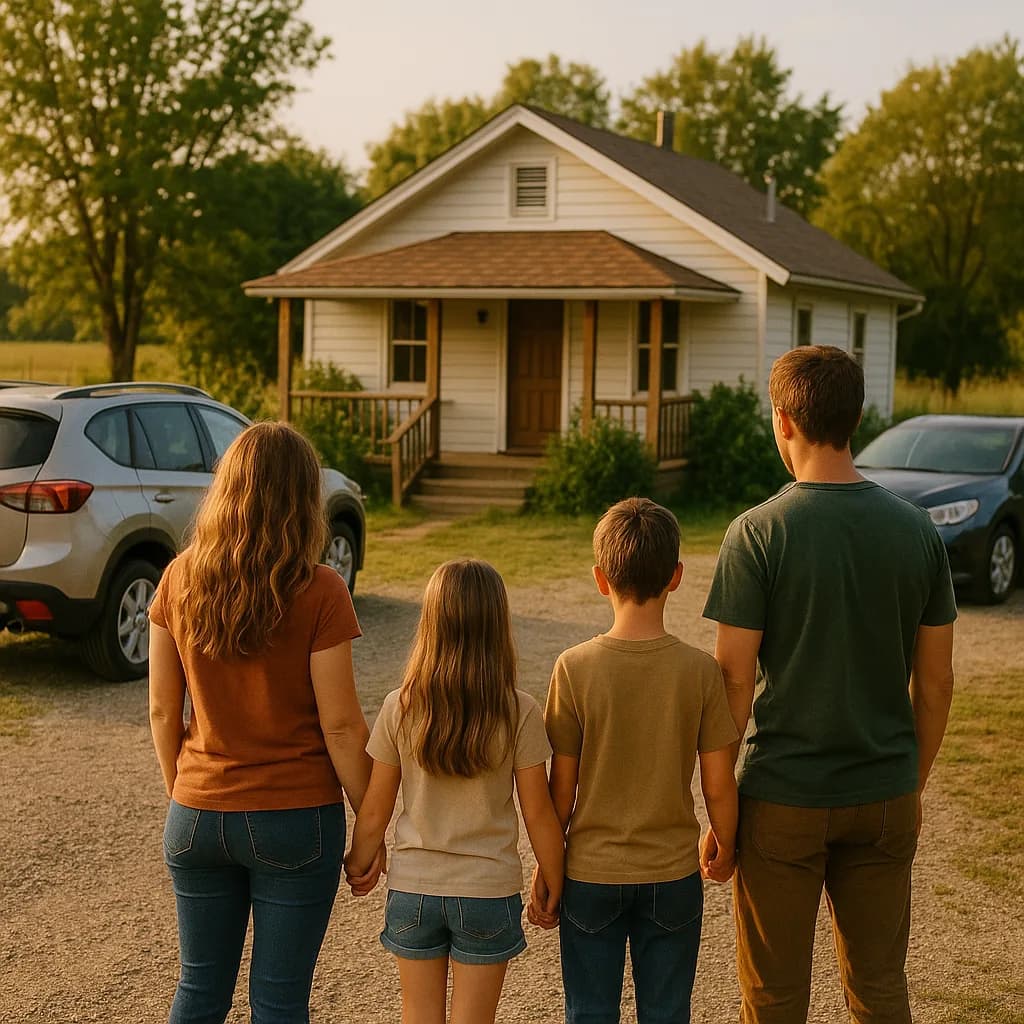 Family of four viewing a white cottage house from behind during golden hour