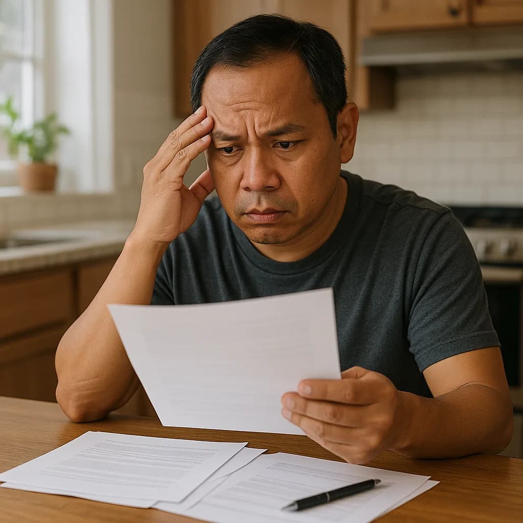 Worried man reviewing bills and financial documents at kitchen table with stressed expression