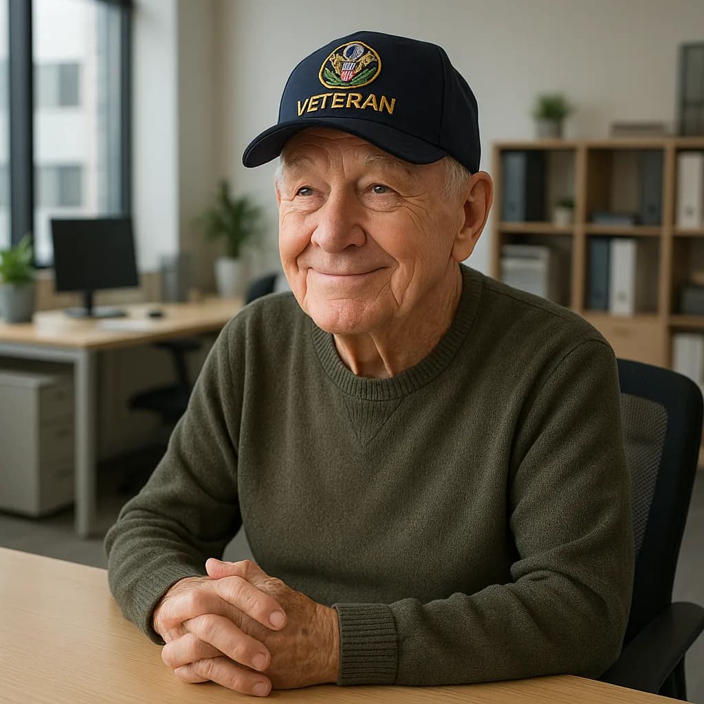 Elderly military veteran in uniform cap smiling at desk in modern office setting