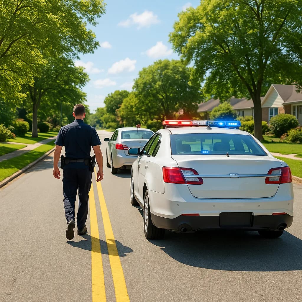 Police officer walking toward patrol car during traffic stop on suburban residential street