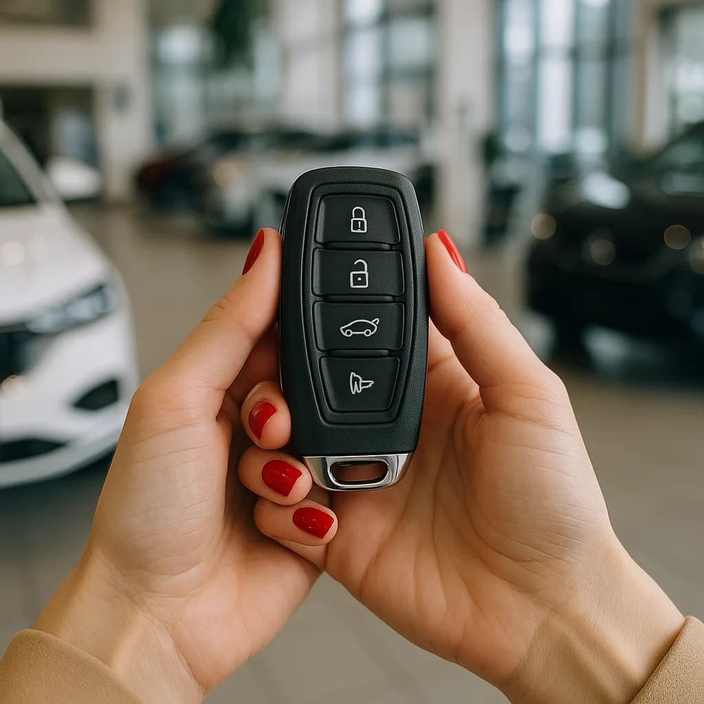 Hands with red nail polish holding a black car key fob in a dealership showroom