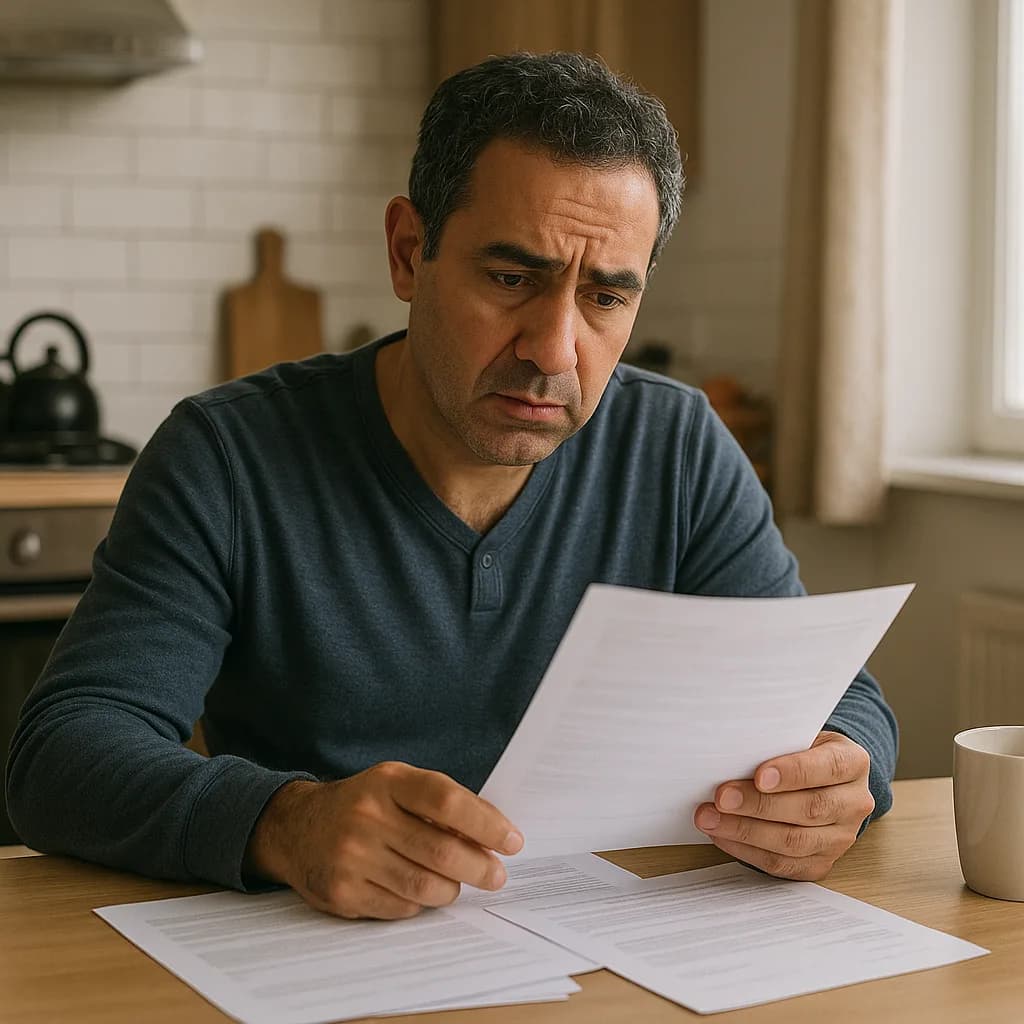 Man with concerned expression reviewing financial documents at kitchen table