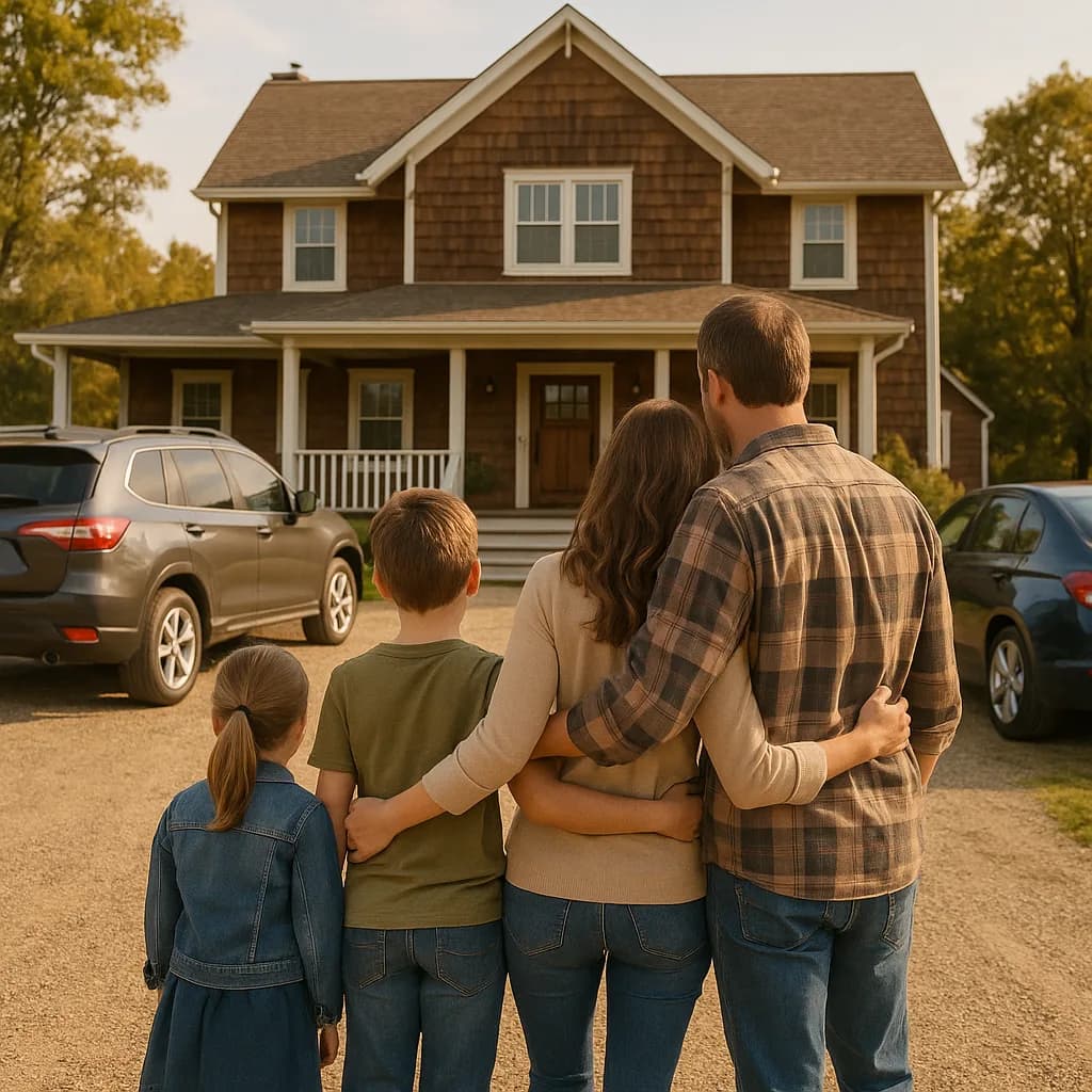 Family of four looking at their new two-story brown shingled home with wrap-around porch