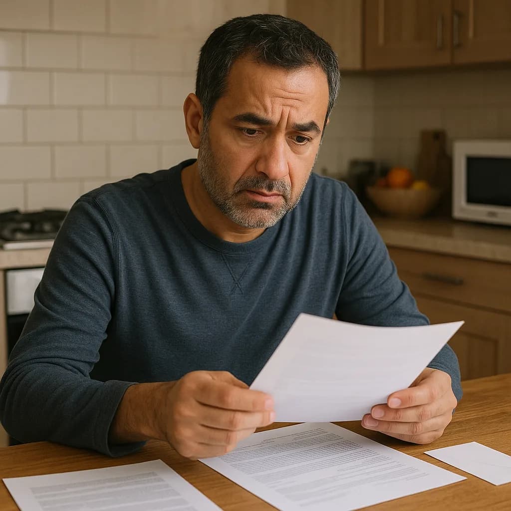 Man reading documents with concerned expression at kitchen table surrounded by papers
